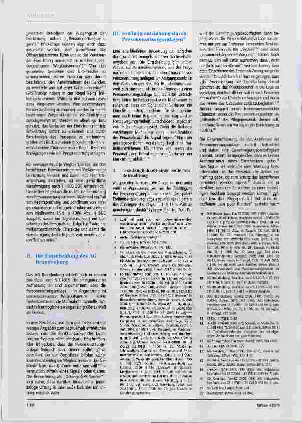 Vorschauseite 2: Zur Qualifizierung von Personenortungsanlagen als freiheitsentziehende MaßnahmenBesprechung AG Brandenburg, Beschluss vom 5.3.2019 82 XVII 28/19