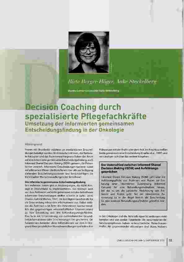 Vorschauseite 1: Decision Coaching durch spezialisierte Pflegefachkräfte Umsetzung der informierten gemeinsamen Entscheidungsfindung in der Onkologie