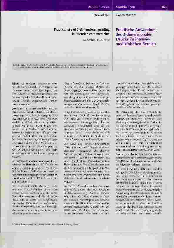 Vorschauseite 1: Praktische Anwendung des 3-dimensionalen Drucks im intensivmedizinischen Bereich