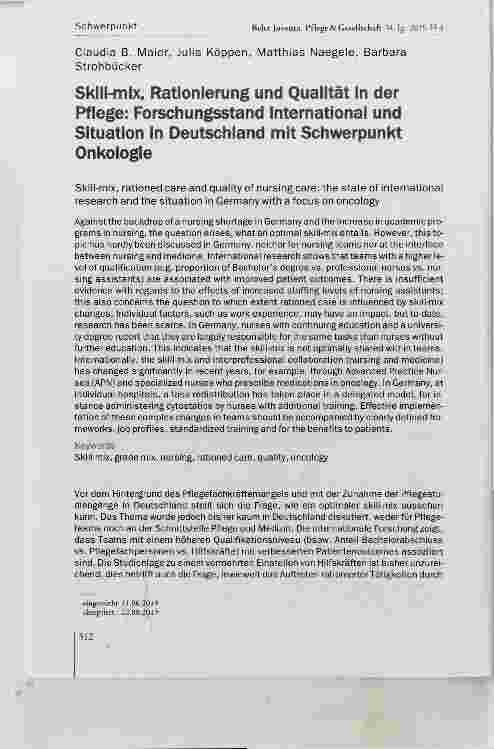 Vorschauseite 1: Skill-mix, Rationierung und Quaiität in der Pfiege: Forschungsstand international und Situation in Deutschiand mit Schwerpunkt Onkologie