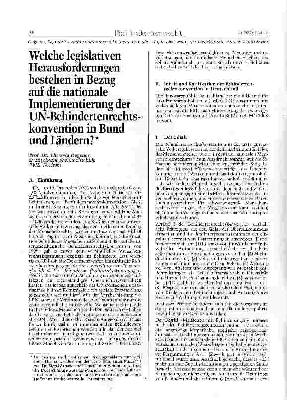 Vorschauseite 1: Welche legislativen Herausforderungen bestehen in Bezug auf die nationale Implementierung der UN-Behindertenrechts konvention in Bund und Ländern?