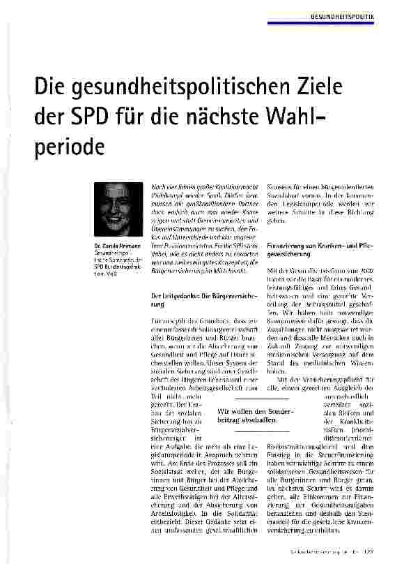 Vorschauseite 1: Die gesundheitspolitischen Ziele der SPD für die nächste Wahlperiode