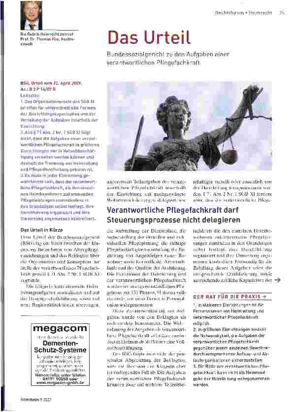 Vorschauseite 1: Das Urteil BundessoziaLgericht zu den Aufgaben einer verantwortlichen PfLegefachkraft