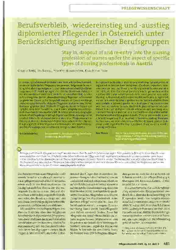 Vorschauseite 1: Berufsverbleib, -wiedereinstieg und -ausstieg diplomierter Pflegender in Österreich unter Berücksichtigung spezifischer Berufsgruppen
