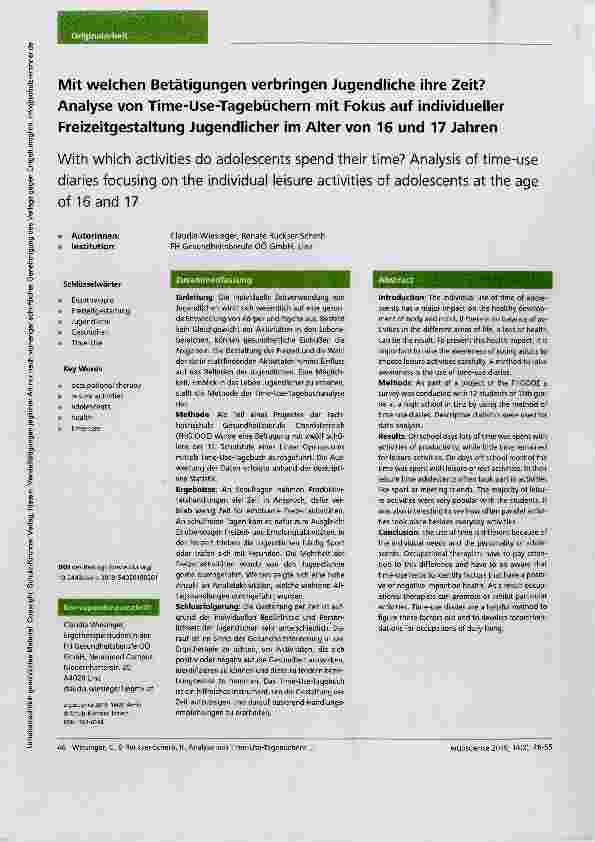 Vorschauseite 1: Mit welchen Betätigungen verbringen Jugendliche ihre Zeit? Analyse von Time-Use-Tagebüchern mit Fokus auf individueller Freizeitgestaltung Jugendlicher im Alter von 16 und 17 Jahr…