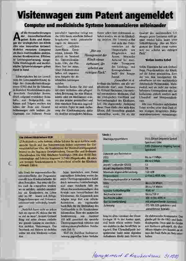 Vorschauseite 1: Visitenwagen zum Patent angemeldet Computer und medizinische Systeme kommunizieren miteinander