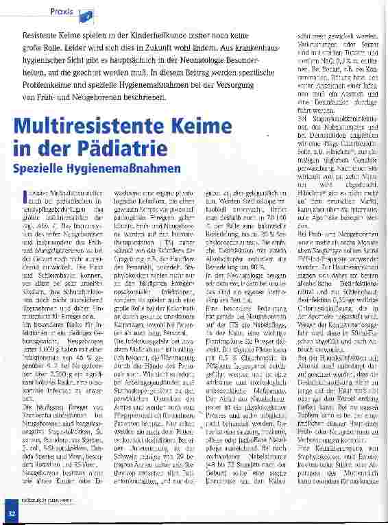 Vorschauseite 1: Multiresistente Keime in der Pädiatrie Spezielle Hygienemaßnahmen