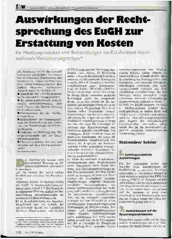 Vorschauseite 1: Auswirkungen der Rechtsprechung des EuGH zur Erstattung von Kosten für Medizinprodukte und Behandlungen im Eu-Ausland durch nationale Versicherungsträger.