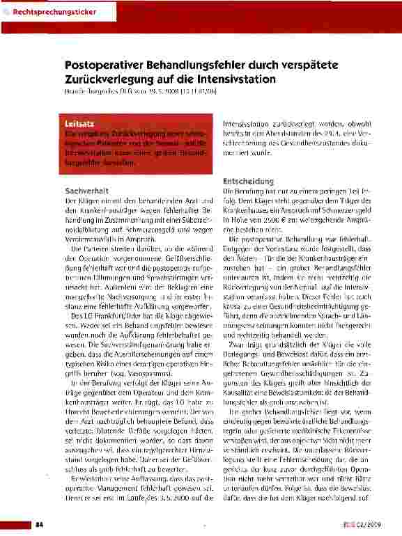 Vorschauseite 1: Postoperativer Behandlungsfehler durch verspätete Zurückverlegung auf die Intensivstation