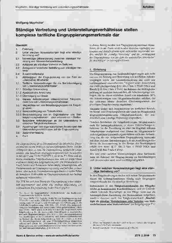 Vorschauseite 1: Ständige Vertretung und Unterstellungsverhältnisse stellen komplexe tarifliche Eingruppierungsmerkmale dar