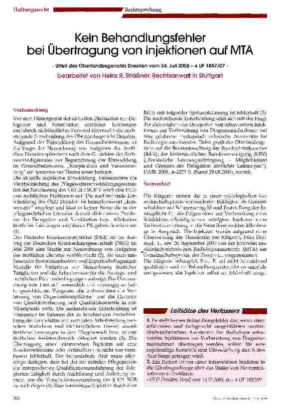 Vorschauseite 1: Kein Behandlungsfehler bei Übertragung von Injektionen auf MTA