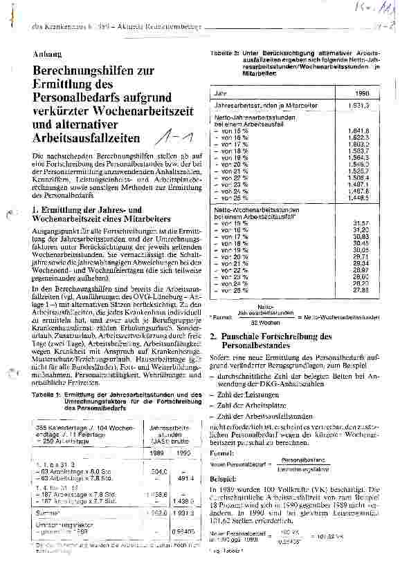 Vorschauseite 1: Berechnungshilfen zur Ermittlung des Personalbedarfs aufgrund verkürzter Wochenarbeitszeit und alternativer Arbeitsausfallzeiten