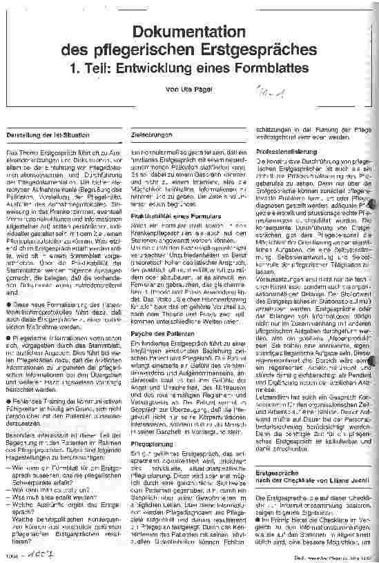 Vorschauseite 1: Dokumentation des pflegerischen Erstgesprächs 1. Teil: Entwicklung eines Formblattes