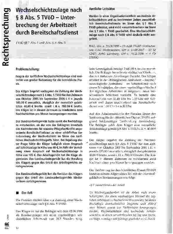 Vorschauseite 1: Wechselschichtzulage nach § 8 Abs. 5 TVöD - Unterbrechung der Arbeitszeit durch Bereitschaftsdienst