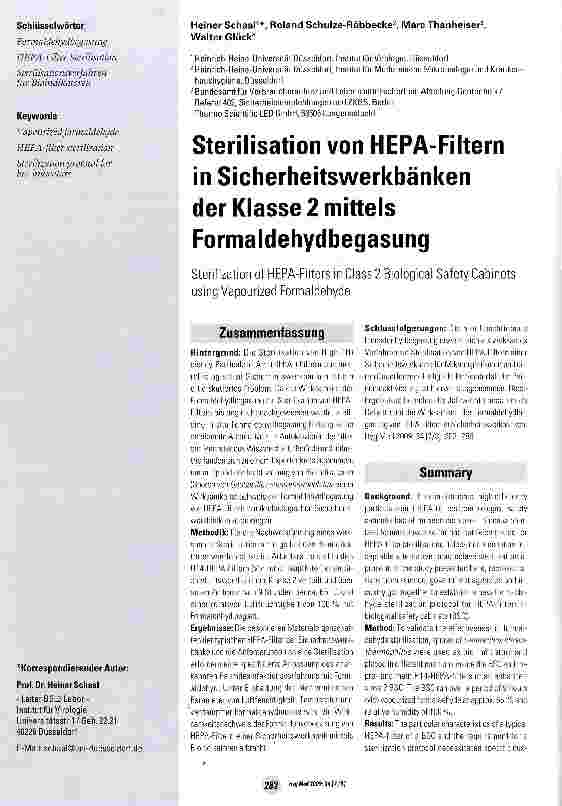 Vorschauseite 1: Sterilisation von HEPA-Filtern in Sicherheitswerkbänken der Klasse 2 mittels Formaldehydbegasung