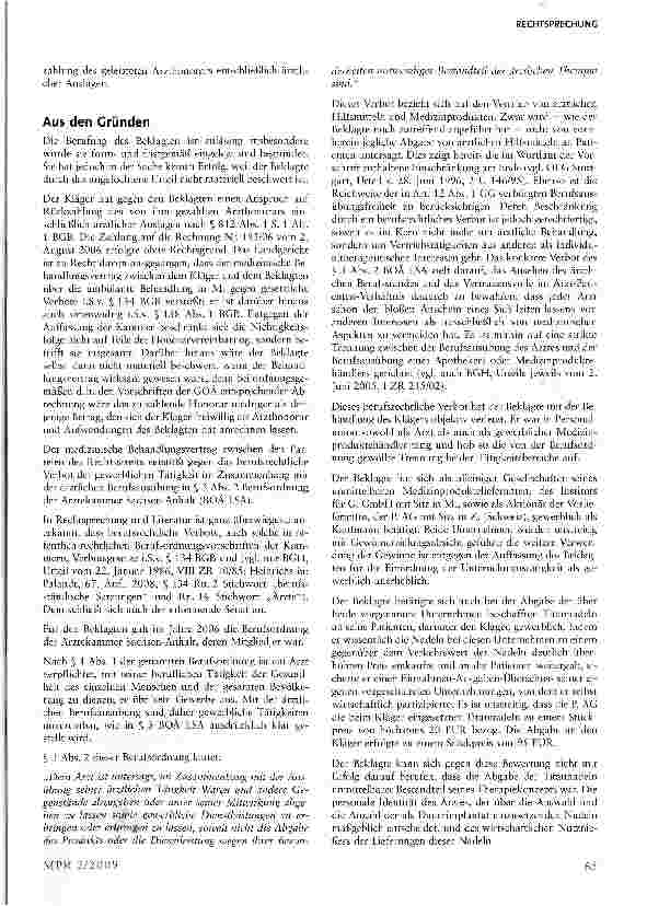 Vorschauseite 2: Nichtigkeit eines Behandlungsvertrages wegen Verstoßes gegen § 3 Abs. 2 GOÄ aufgrund gewerblichen Handels mit Akupunkturnadeln
