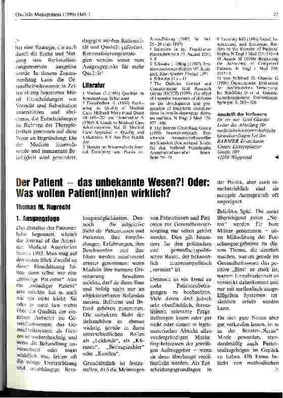 Vorschauseite 1: Der Patient - das unbekannte Wesen? ! Oder: Was wollen Patient(inn)en wirklich?