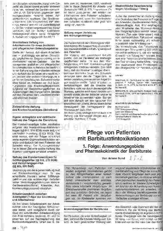 Vorschauseite 1: Pflege von Patienten mit Barbituratintoxikationen 1. Folge: Anwendungsgebiete und Pharmakokinetik der Barbiturate