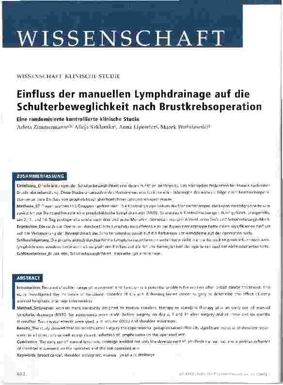 Vorschauseite 1: Einfluss der manuellen Lymphdrainage auf die Schulterbeweglichkeit nach Brustkrebsoperation