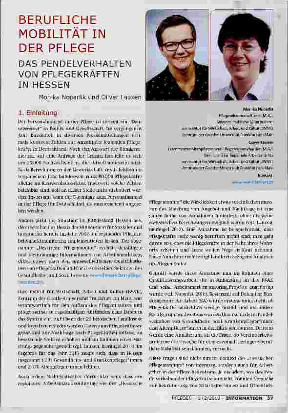 Vorschauseite 1: BERUFLICHE MOBILITÄT IN DER PFLEGE DAS PENDELVERHALTEN VON PFLEGEKRÄFTEN IN HESSEN