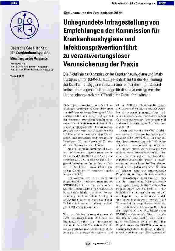 Vorschauseite 1: Unbegründete Infragestellung von Empfehlungen der Kommission für Krankenhaushygiene und Infektionsprävention führt zu verantwortungsloser Verunsicherung der Praxis
