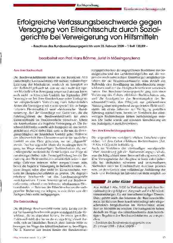 Vorschauseite 1: Erfolgreiche Verfassungsbeschwerde gegen Versagung von Eilrechtsschutz durch Sozialgerichte bei Verweigerung von Hilfsmitteln