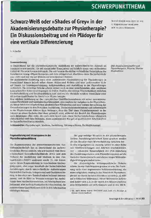 Vorschauseite 1: Schwarz-Weiß oder »Shades of Grey« in der Akademisierungsdebatte zur Physiotherapie? Ein Diskussionsbeitrag und ein Plädoyer für eine vertikale Differenzierung