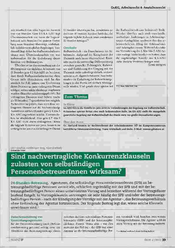 Vorschauseite 1: Sind nachvertragliche Konkurrenzklauseln zulasten von selbständigen Personenbetreuerinnen wirksam?