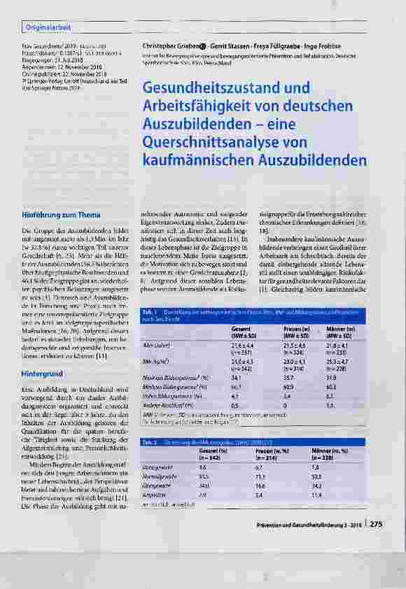 Vorschauseite 1: Gesundheitszustand und Arbeitsfähigkeit von deutschen Auszubildenden eine Querschnittsanalyse von kaufmännischen Auszubildenden