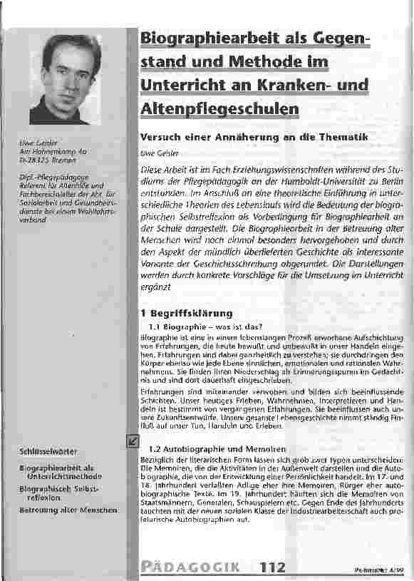 Vorschauseite 1: Biographiearbeit als Gegenstand und Methode im Unterricht an Krankenund Altenpflegeschulen Versuch einer Annäherung an die Thematik