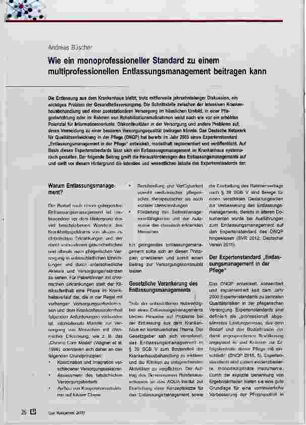Vorschauseite 1: Wie ein monoprofessioneiier Standard zu einem multiprofessionelien Entlassungsmanagement beitragen kann