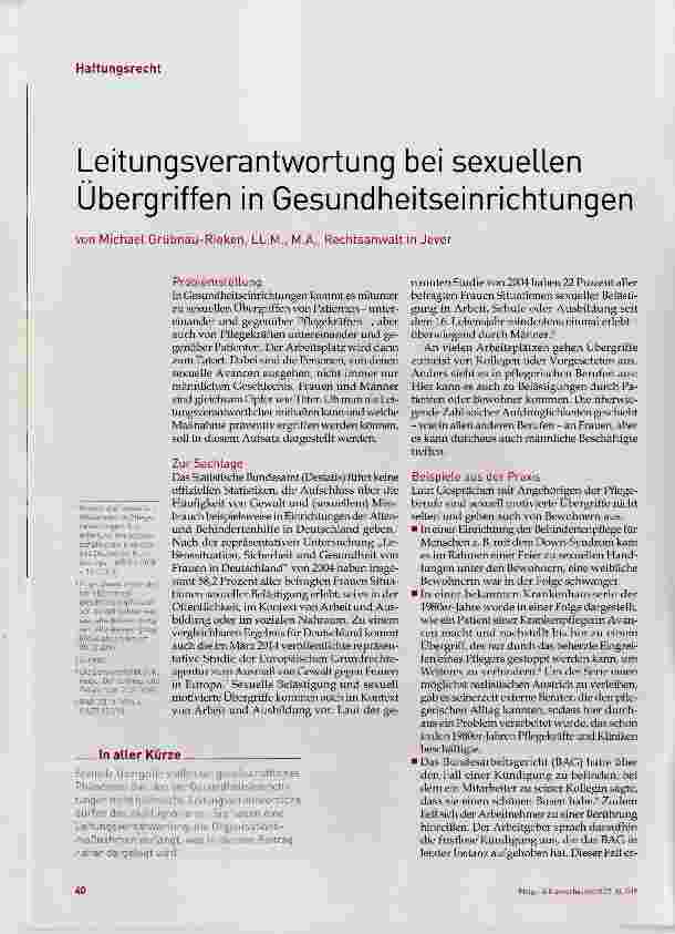 Vorschauseite 1: Leitungsverantwortung bei sexuellen Übergriffen in Gesundheitseinrichtungen