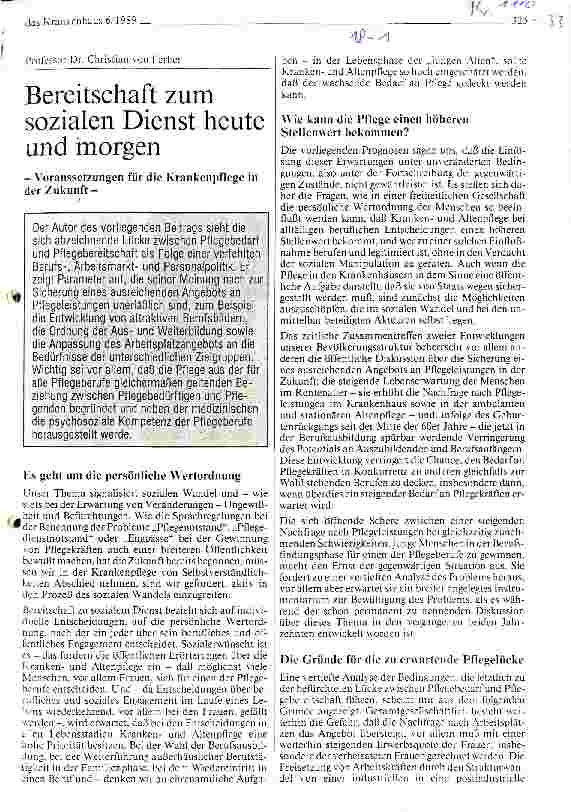 Vorschauseite 1: Bereitschaft zum sozialen Dienst heute und morgen Voraussetzungen für die Krankenpflege in der Zukunft