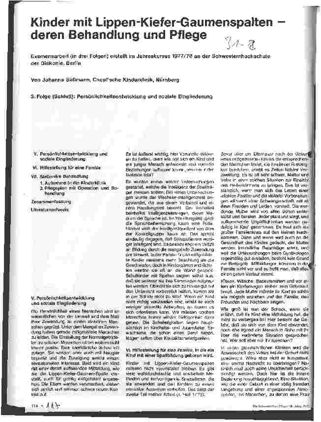 Vorschauseite 1: Kinder mit Lippen-Kiefer-Gaumenspalten deren Behandlung und Pflege 3. Folge (Schluß) Persönlichkeitsentwicklung und soziale Eingliederung