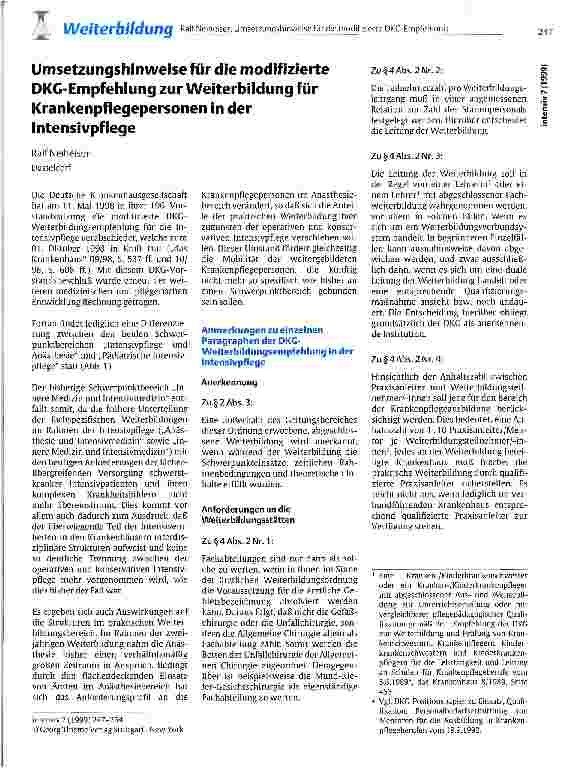 Vorschauseite 1: Umsetzungshinweise für die modifizierte DKG-Empfehlung zur Weiterbildung für Krankenpflegepersonen in der Intensivpflege