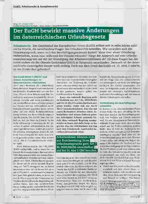 Vorschauseite 1: Der EuGH bewirkt massive Änderungen im österreichischen Urlaubsgesetz
