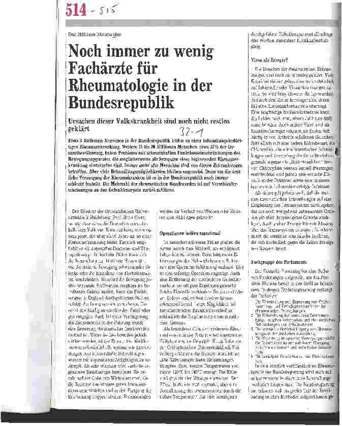 Vorschauseite 1: Noch immer zu wenig Fachärzte für Rheumatologie in der BRD Ursachen dieser Volkskrankheit sind noch nicht restlos geklärt