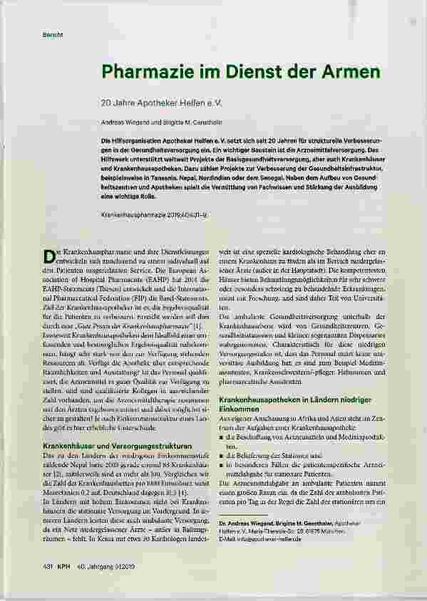 Vorschauseite 1: Pharmazie im Dienst der Armen