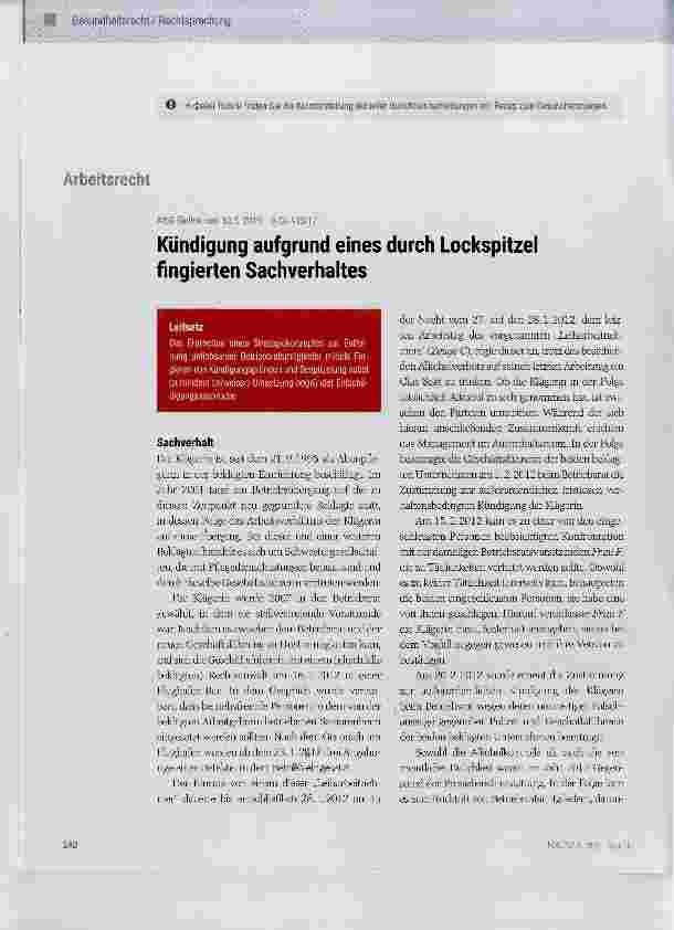 Vorschauseite 1: Kündigung aufgrund eines durch Lockspitzel fingierten Sachverhaltes