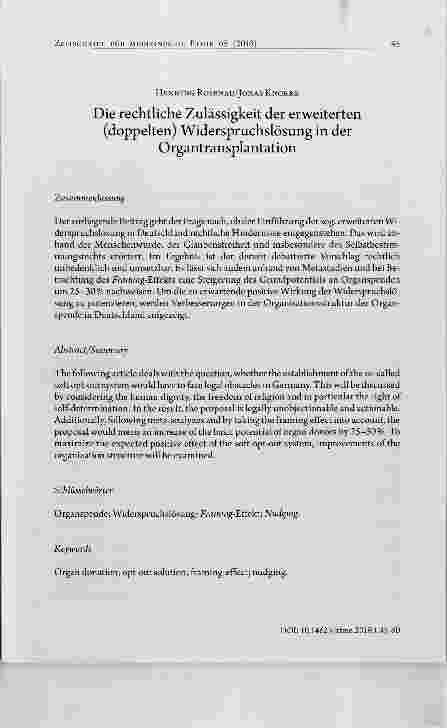 Vorschauseite 1: Die rechtliche Zulässigkeit der erweiterten (doppelten) Widerspruchslösung in der Organtransplantation