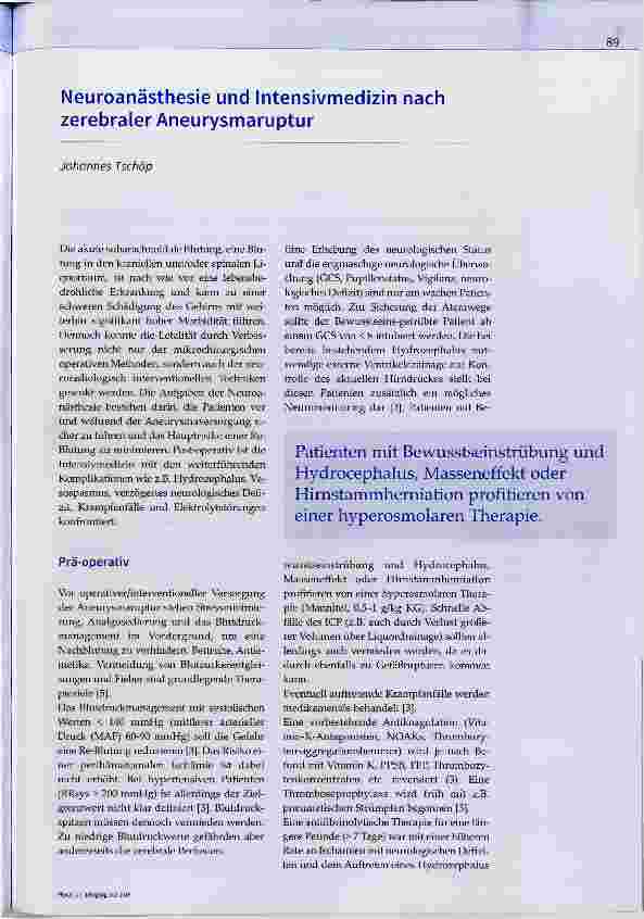 Vorschauseite 1: Neuroanästhesie und Intensivmedizin nach zerebraler Aneurysmaruptur