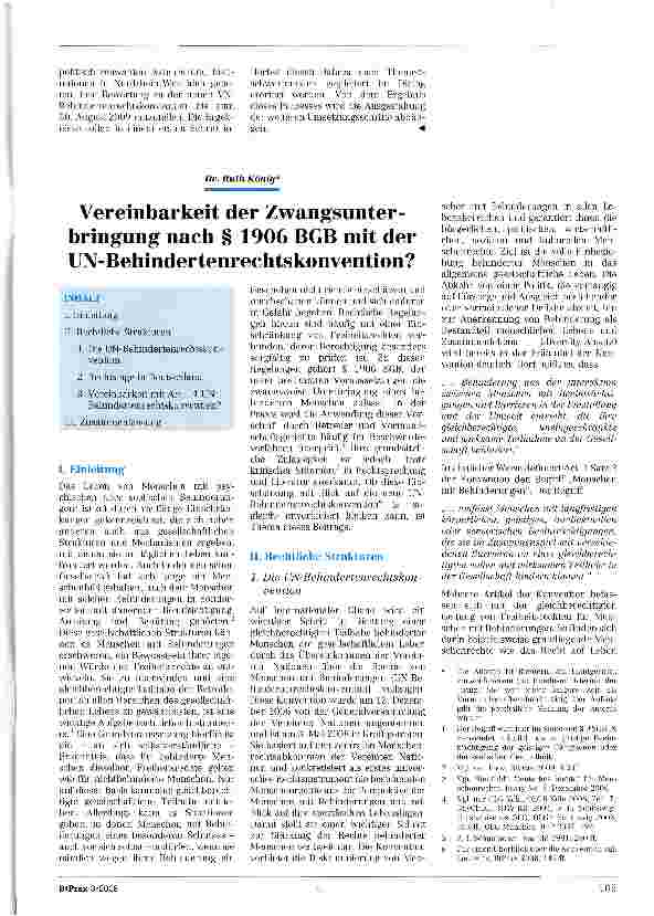 Vorschauseite 1: Vereinbarkeit der Zwangsunter-bringung nach § 1906 BGB mit der UN-Behindertenrechtskonvention?