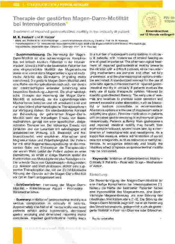 Vorschauseite 1: Therapie der gestörten Magen-Darm-Motilität bei Intensivpatienten
