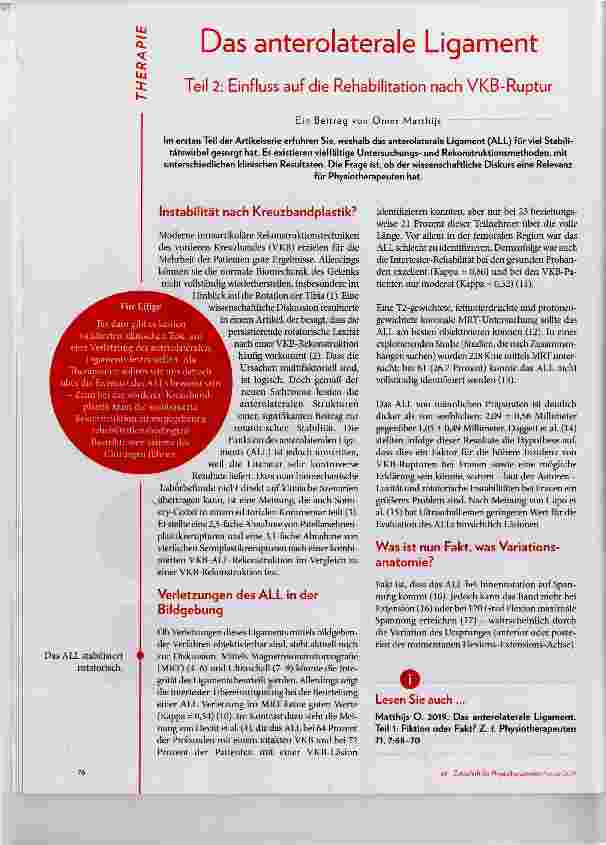 Vorschauseite 1: Das anterolaterale Ligament Teil 2: Einfluss auf die Rehabilitation nach VKB-Ruptur