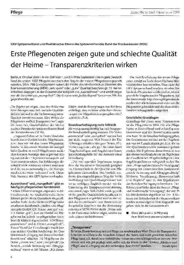 Vorschauseite 1: Erste Pflegenoten zeigen gute und schlechte Qualität der Heime -Transparenzkriterien wirken
