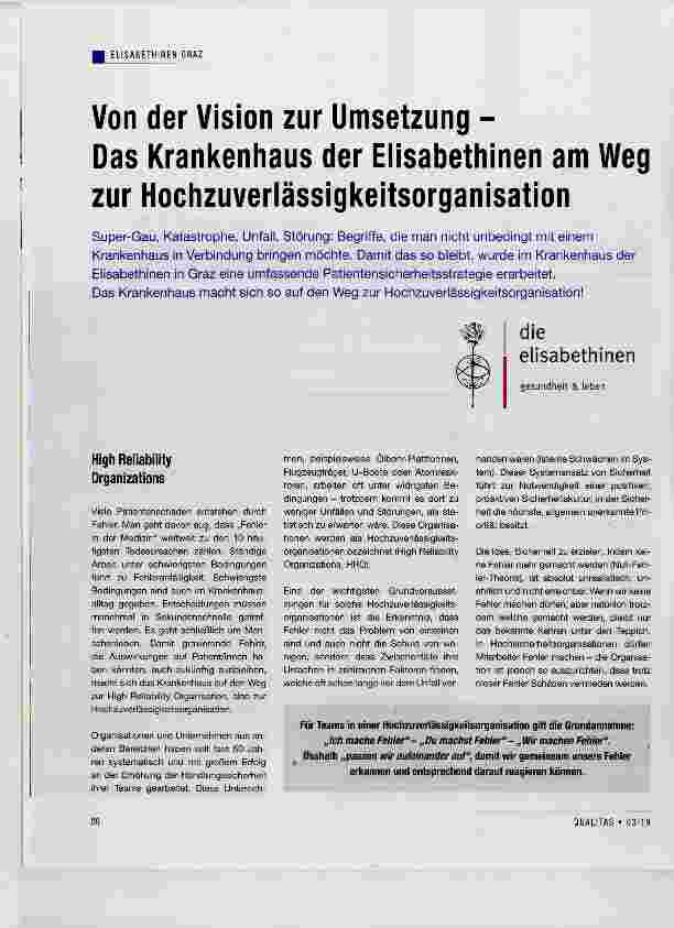 Vorschauseite 1: Von der Vision zur Umsetzung - Das Krankenhaus der Eiisabethinen am Weg zur Hochzuverlässigkeitsorganisation