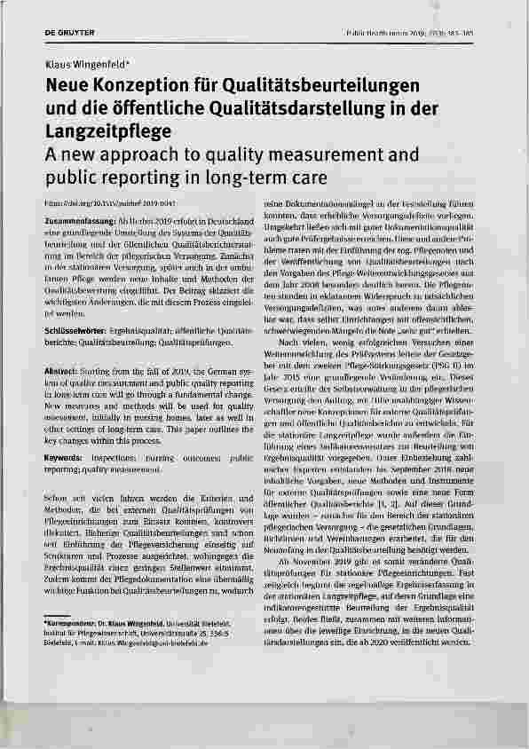 Vorschauseite 1: Neue Konzeption für Qualitätsbeurteilungen und die öffentliche Qualitätsdarstellung in der Langzeitpflege