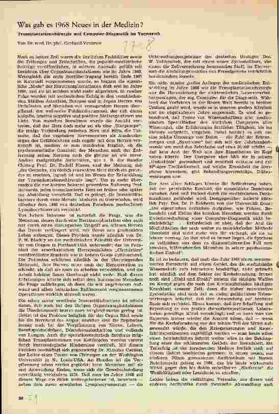 Vorschauseite 1: Was gab es 1968 Neues in der Medizin? Transplantationschirurgie und Computer -Diagnostik im Vormarsch