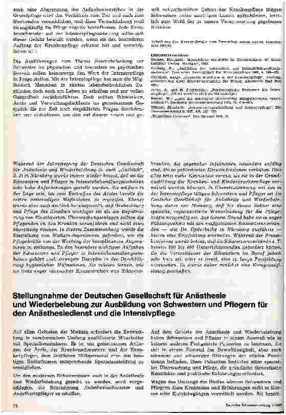 Vorschauseite 1: Stellungnahme der Deutschen Gesellschaft für Anästhesie und Wiederbelebung zur Ausbildung von Schwestern und Pflegern. ..