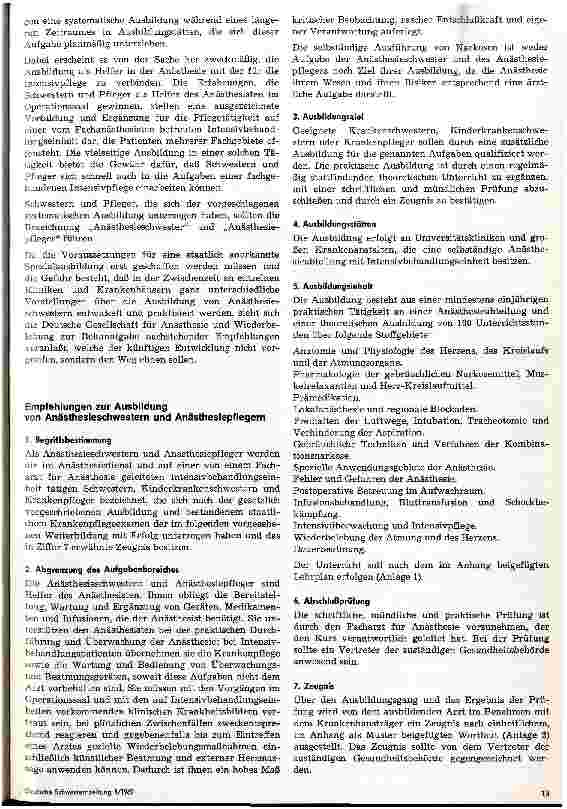 Vorschauseite 2: Stellungnahme der Deutschen Gesellschaft für Anästhesie und Wiederbelebung zur Ausbildung von Schwestern und Pflegern. ..